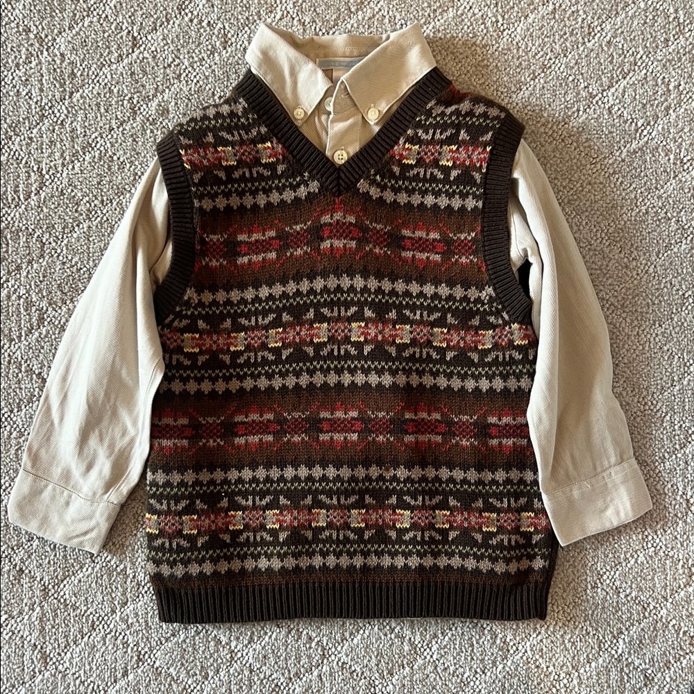Janie and Jack Beige Button-Down Shirt and Sweater Vest 4T/5